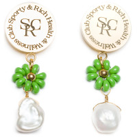 Sporty & Rich Flower & Bead Earrings Pearl/Green